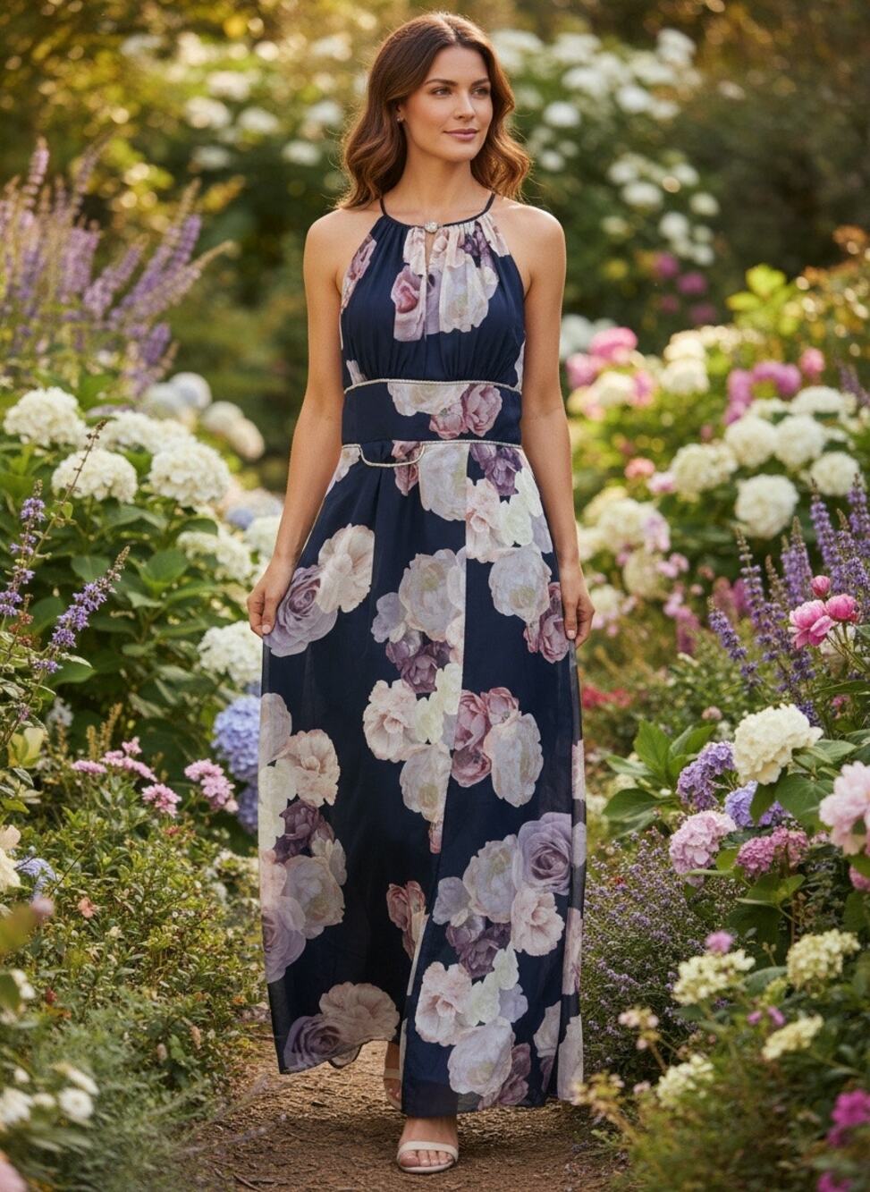 OLEG CASSINI Maxi Dress A-Line High-Neck Floral with Keyholes Size 10